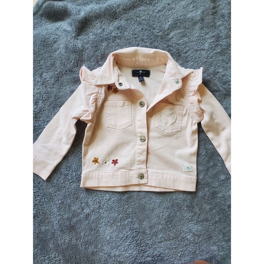 7 For All Mankind Toddler Girls Pink Ruffle Denim Jacket Heart Flower 2T